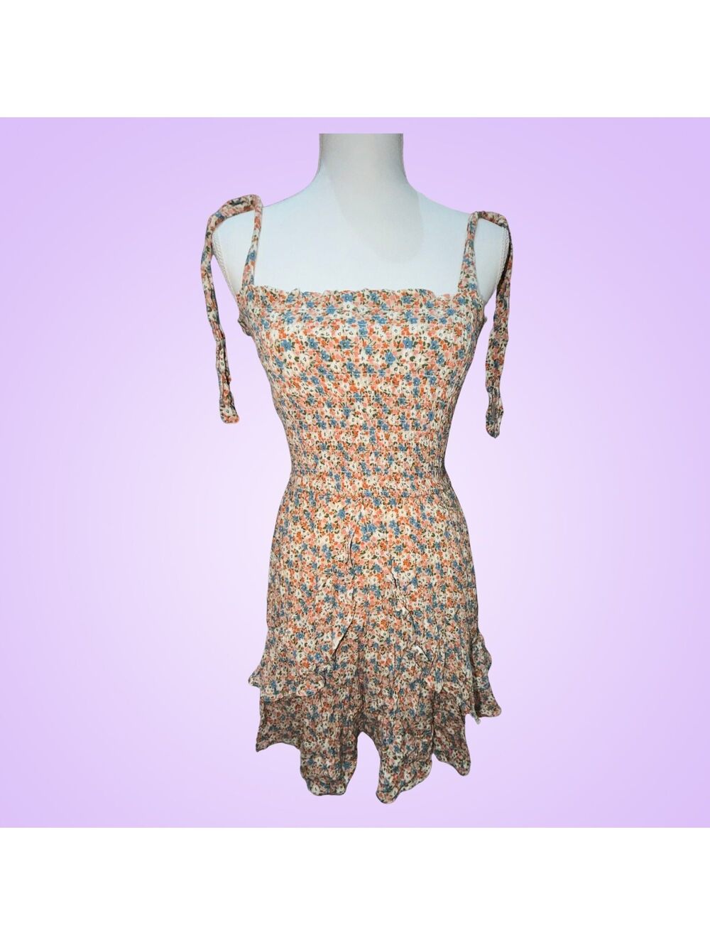 Altar’d State XS Floral Smocked Mini Dress | Tie Strap Ruffle Cottagecore Boho
